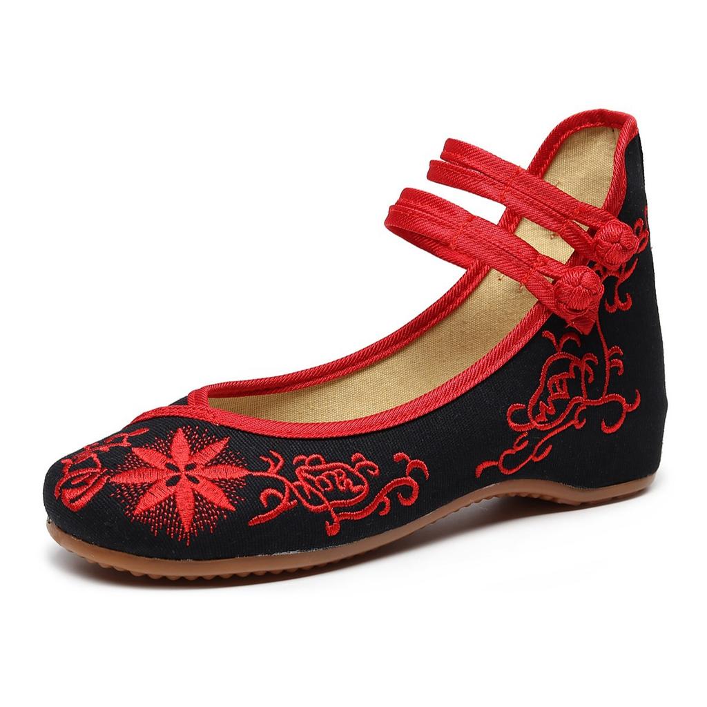 2025 Embroidered Women Canvas Ballet Flats Ankle Strap Ladies Casual Cotton Chinese Embroidery Ballerina Shoes