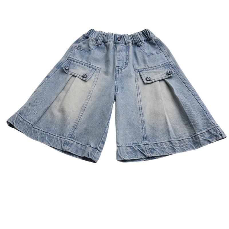 Long Style Kids Child New Design Jeans Capris Shorts with Fake Pocket for Girls High Fashion Summer Mid-Calf Denim Shorts 5-14T