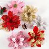 Poinsettia Artificial Christmas Glitter Flowers, Christmas Ornaments Xmas Tree Flower Decorations with Stems DIY Xmas Wreath Holiday Home Party Decor