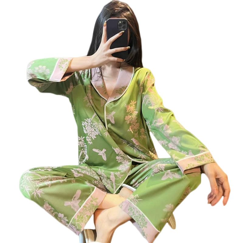 Fashion New Chinese Retro Ice Silk Pajamas Women'S Autumn Long-Sleeved Suit High-End Silk Loungewear Suit