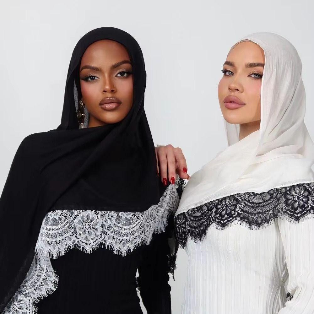 Breathable Muslim Instant Turban with Lace Trim Islamic Crinkle Shawl Rhinestone Chiffon Scarf