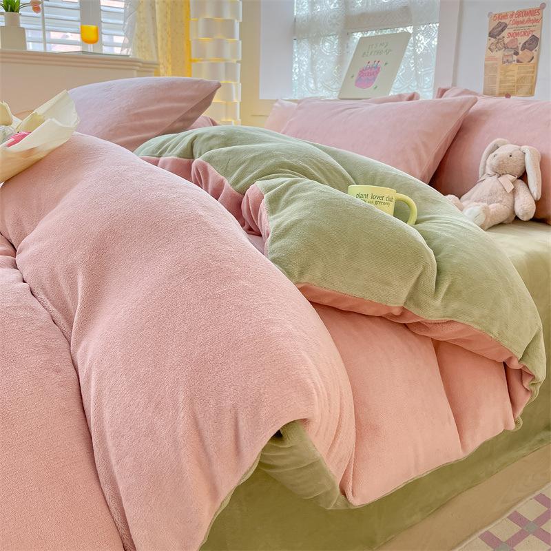 Thickened Milk Fleece Four-Piece Set, Solid Color Coral Fleece Bed Sheet Quilt Cover, Fleece Bedding Three-Piece Set