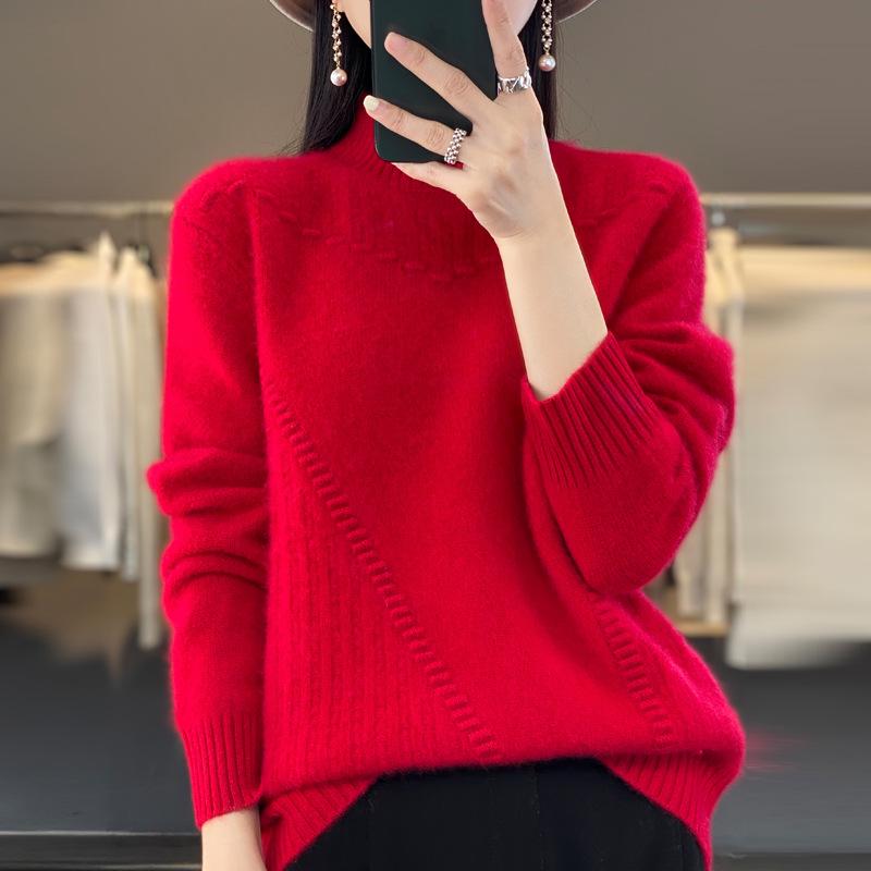 Women's 2024 Autumn/Winter Wave Pattern Wool Sweater - Half-High Collar, Thickened Solid Knit Base Layer