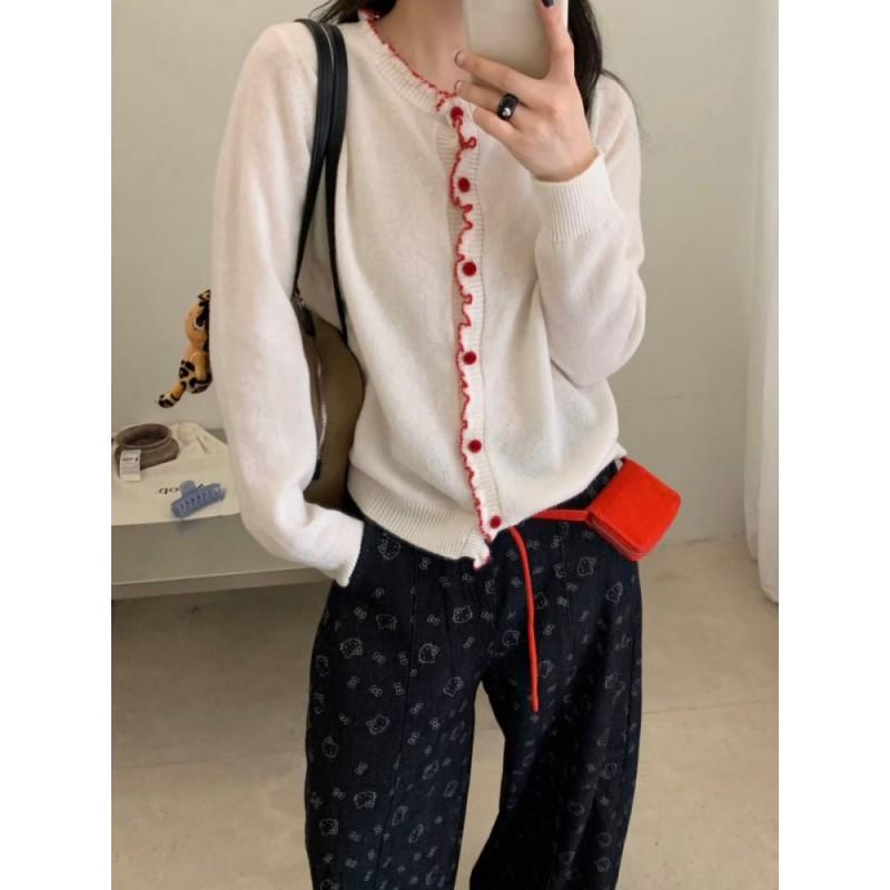 Womens 100% Wool Ruffle Knit Cardigan Petite Early Fall Soft Sweater Puyuan Top