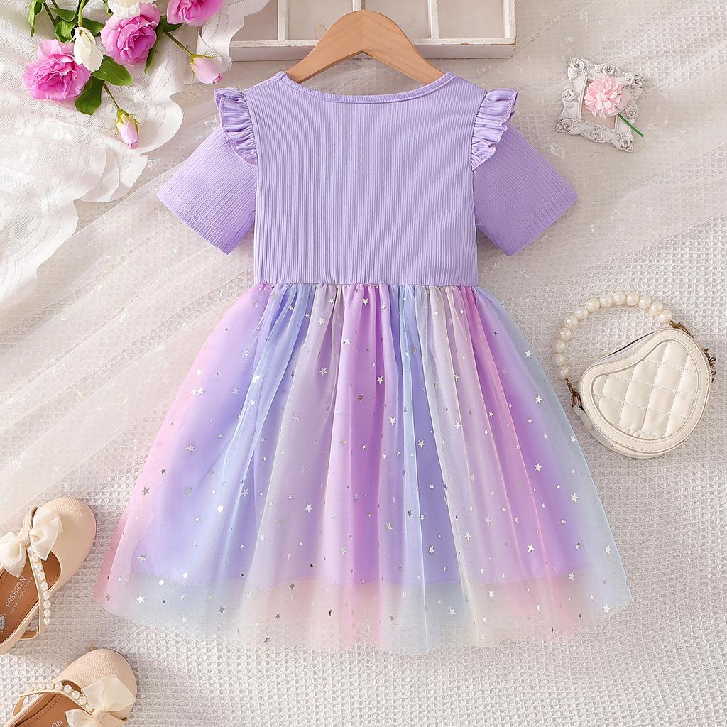 Mädchen Sommer Kurzarm Kleid Farbverlauf Tüll Schleife Prinzessin Partykleid Für Kinder