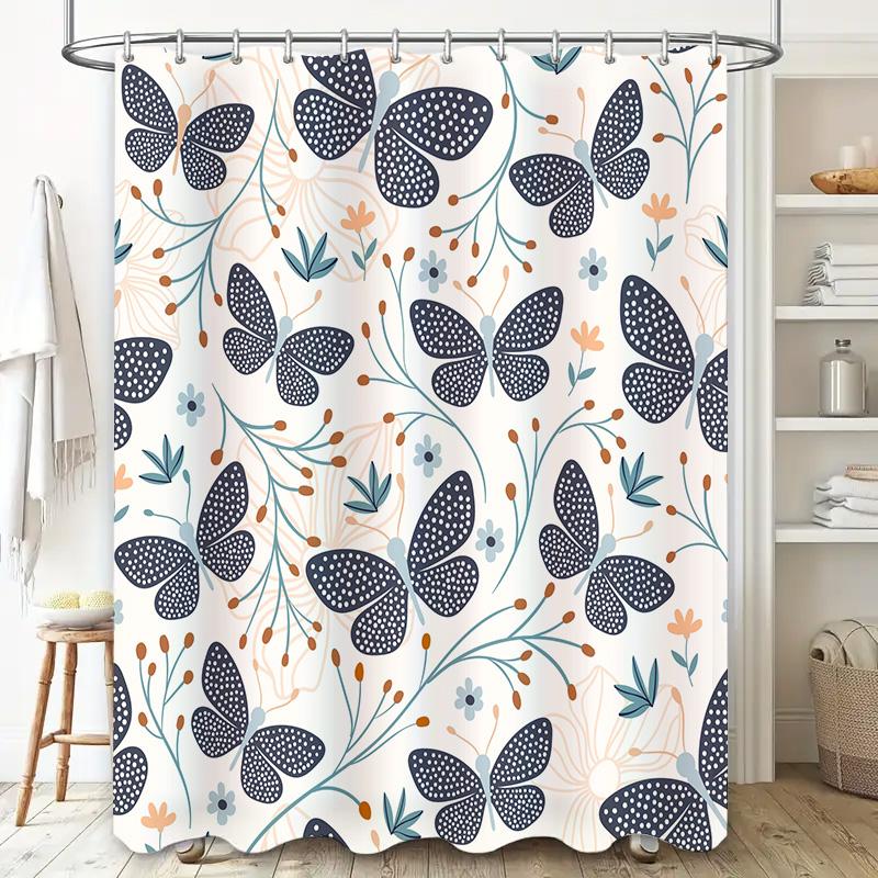 Modern Butterfly Print Bath Shower Curtain with Black Border White Floral Decor for Home Decoration