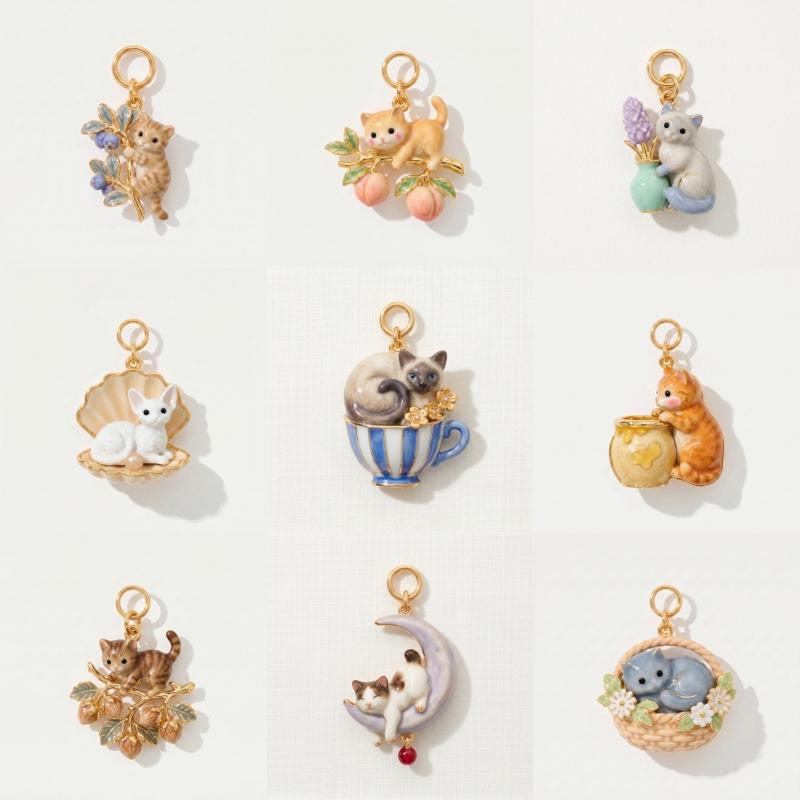 Cute Enamel Cat Charms Hand Painted Details Gold Plated Edges For Cat Lover Gifts Diy Jewelry Making