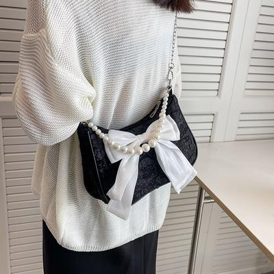 1 adet saf renk omuz çantası moda inci zincirli postacı çantası fiyonklu hilal çantası