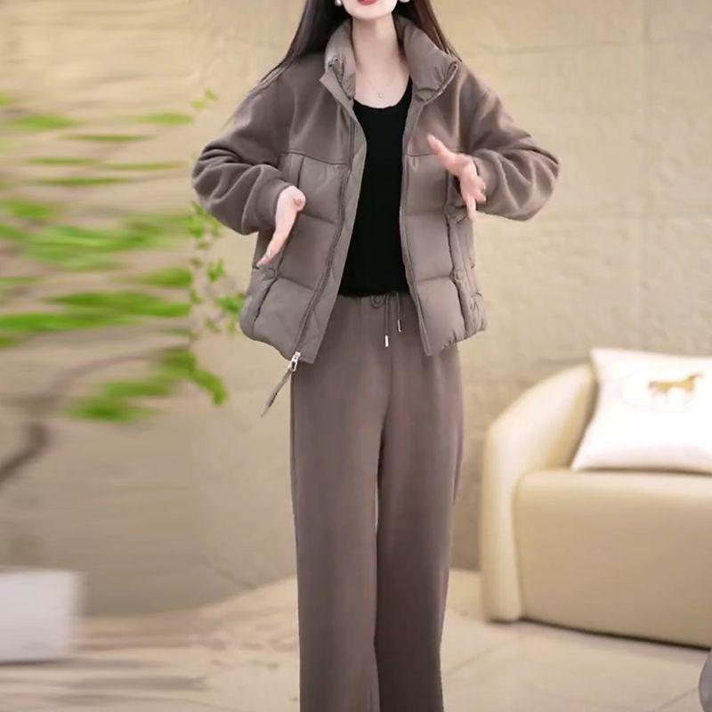 Cotton Suit, Thickened Warm Jacket, Women's Plus Velvet Straight-leg Pants, Two-piece Suit, Women's Winter Fashion Wear