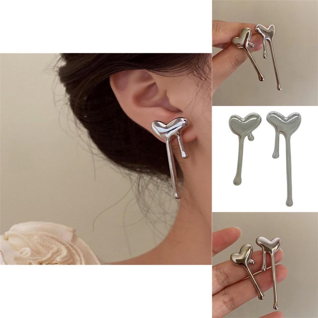Stylish Silver Alloy Heart And Teardrop Earrings Trendy Geometric Shapes