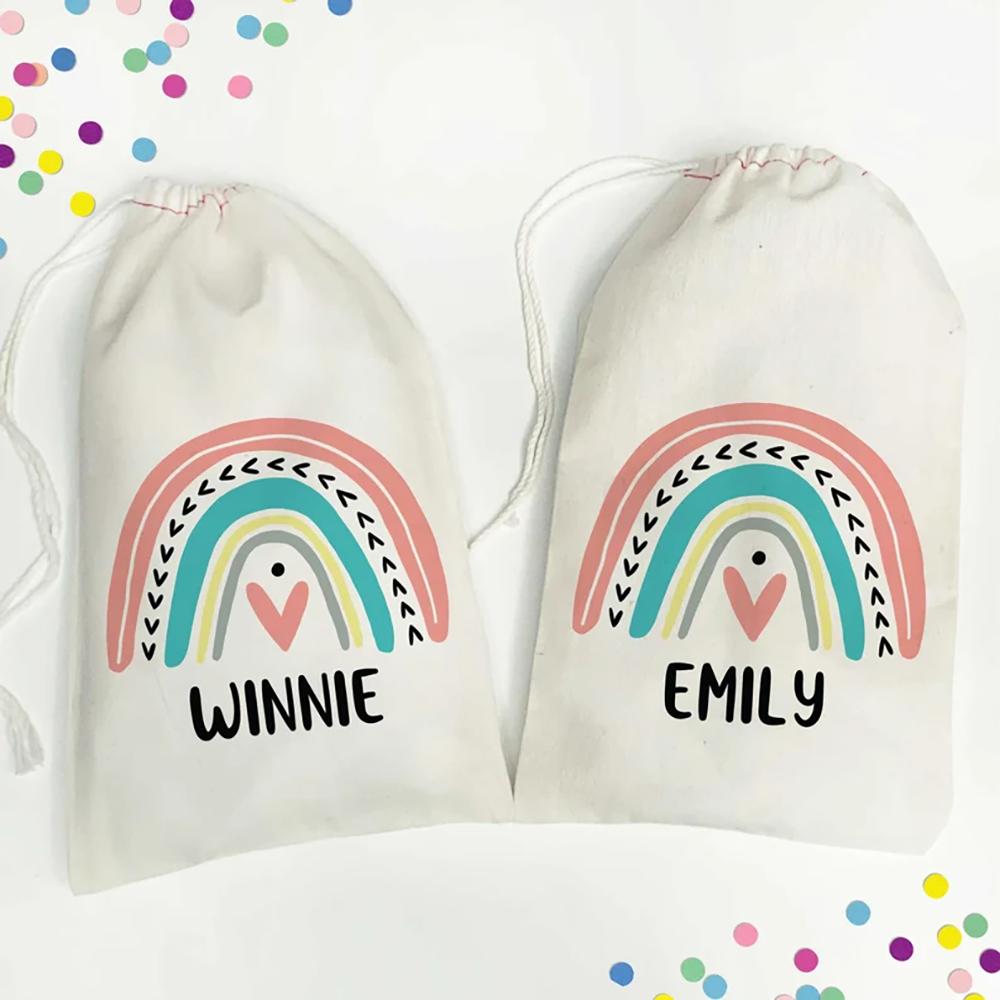Personalized Rainbow Party Favor Bags Boho Birthday Party Table Decor Kindergarten Kids Gift Bags Back To School Baby Shower