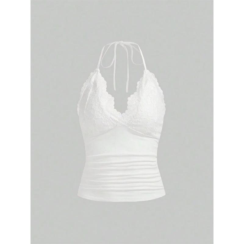 

Мереживний топ з V-подібним вирізом, жіночий, літній, сексуальний, гранж, панк, гот, укорочений топ із рюшами без спини, топ-команда Вуличний одяг Y2K Clothes 2025 S білий