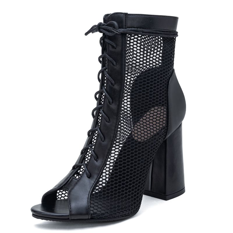 

Breathable Mesh Sandals for Women Peep Toe Block Heels 9cm Lace Up Plus Size 43 44 45 Fashion Sexy Dating Party Bota 34 чорний