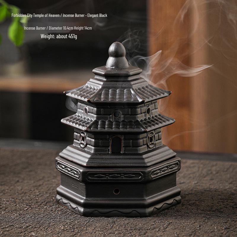 Compact Zen-Inspired Ceramic Incense Burner and Holder in Black Pottery