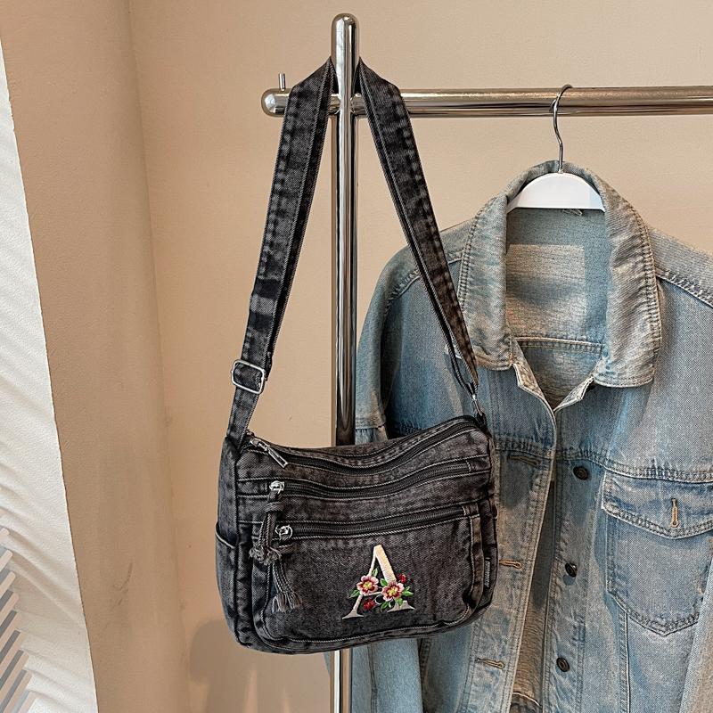Multi-layer Denim Bag Vintage Shoulder Bag Women's Embroidered Crossbody Bag