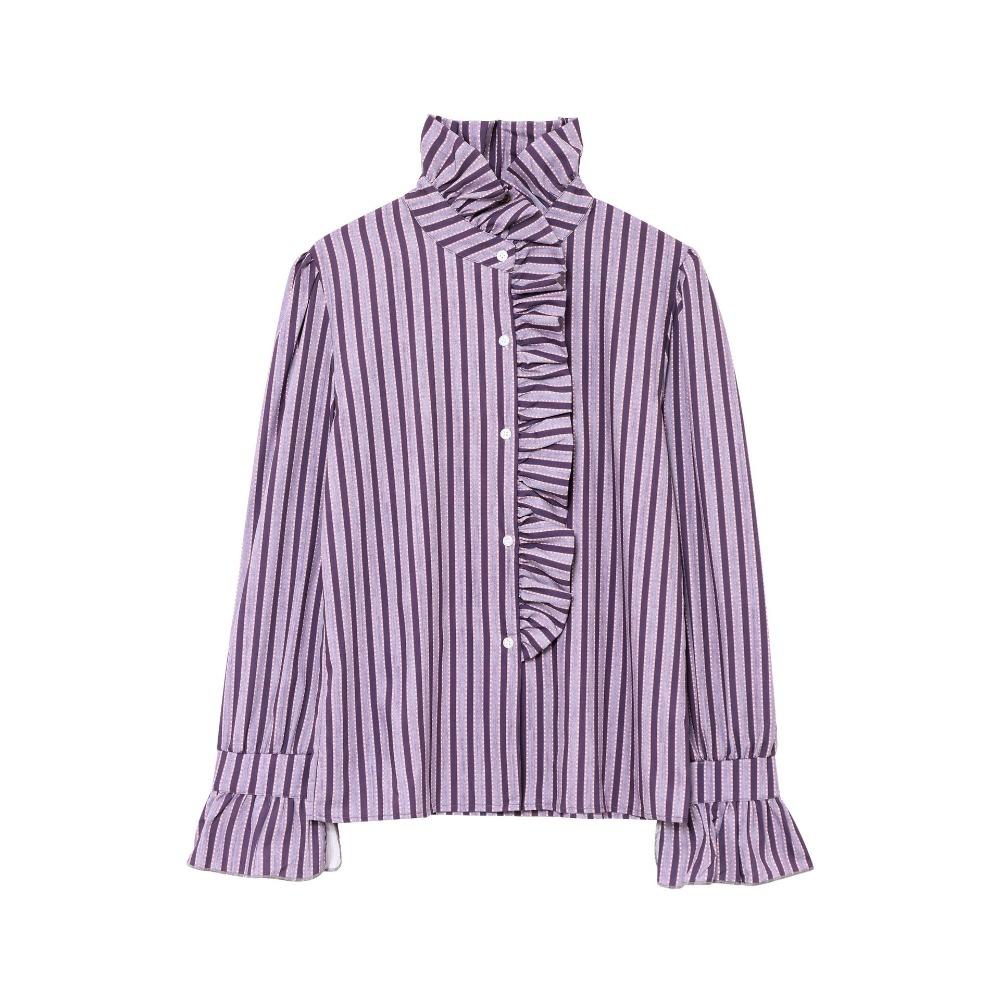 Women s Stand Collar Long Sleeve Shirt Regular Fit Ruffle Plaid Striped Blouse S