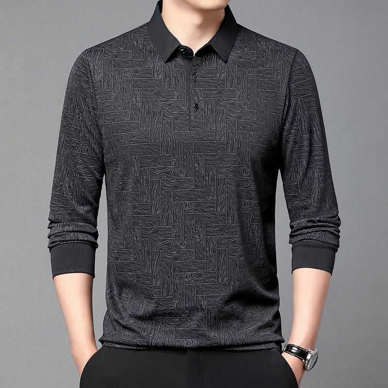 Spring Autumn Polo Shirts Men Business Casual Elastic Polos Solid Color Print Long Sleeve Tees