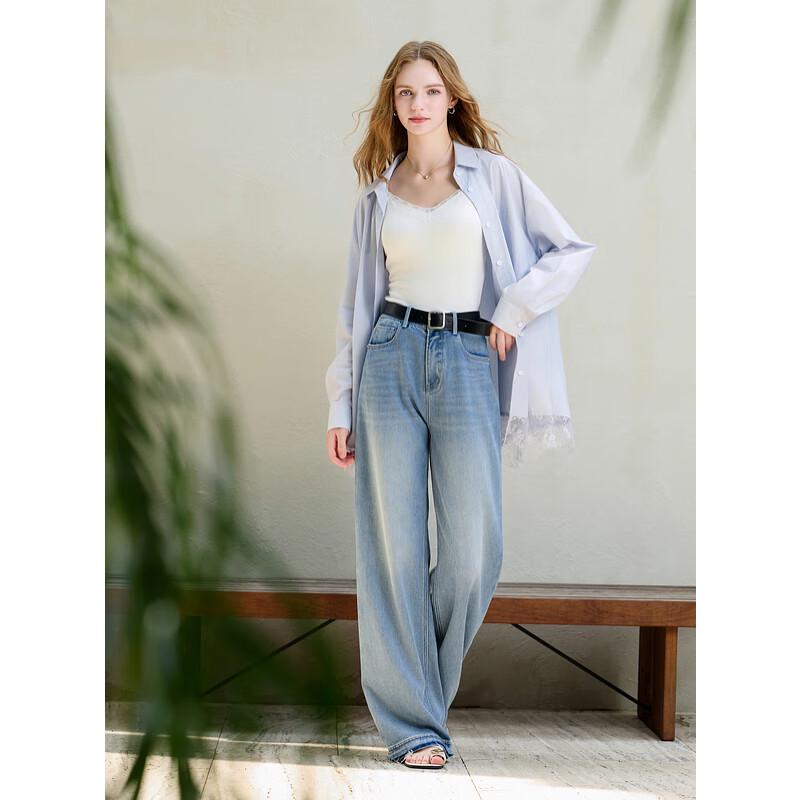 Sancai 2025 Autumn Sky Blue Straight Leg Drapey Jeans