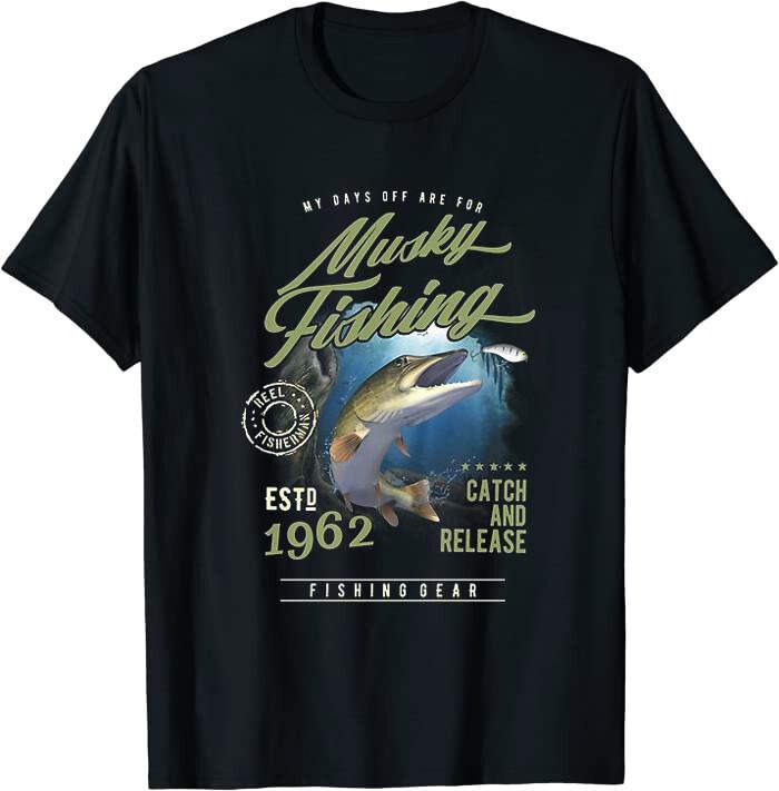 Musky Vintage Fishing Artwork Classic Tee T-Shirt Size M-4XL S разноцветный