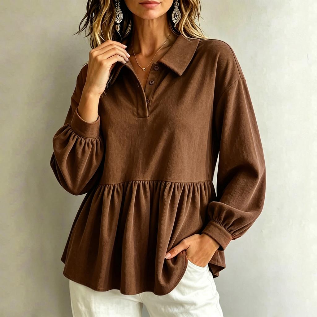 Women's Corduroy Babydoll Blouse with Sleeves and Waist Tie, Loose Fit Casual Shirt for Everyday Wear
