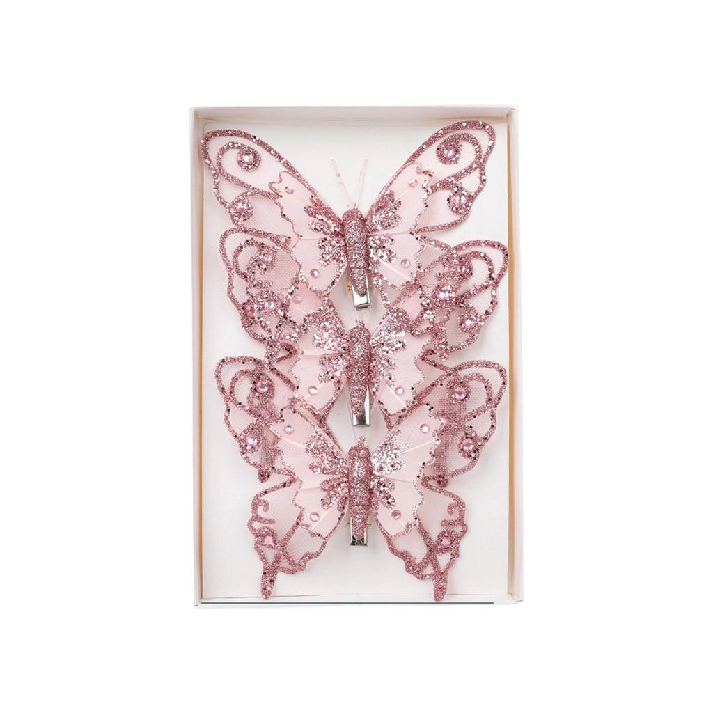 Set of 3 Glitter Butterfly Christmas Ornaments Clip-On Decorative Artificial Butterflies for Tree and Holiday Scene Decoration