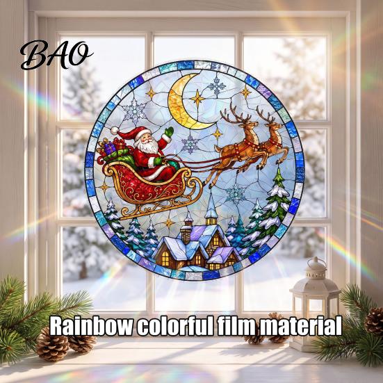 Christmas Home Window Decor Santa Sleigh Suncatcher Cling, Stained Glass Style Static Glue Free Sticker Sticker, Rainbow Film Xmas for Shop Storefront