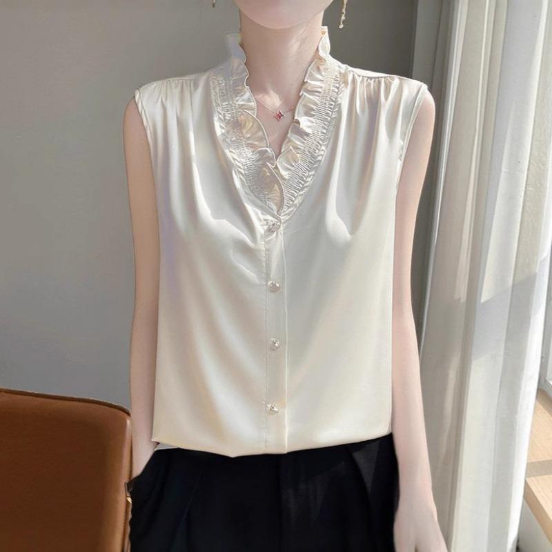 

V-neck Fungus Edge Versatile Vest Shirt Women s Top Summer Trend Fashionable Temperament Elegant Shirt 3XL шампанського