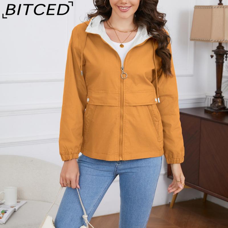 BITCED Hooded Solid-Colour Trench Coat for Women Long-Sleeved Spring/Autumn Lightweight Jacket Casual Style