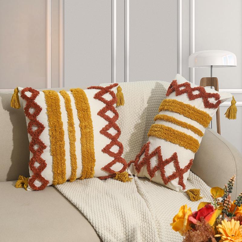 Jmg Clothing Unisex Orange Bohemian Embroidery Throw Pillowcase 45X45 Geometric Pattern Jacquard Canvas Pillow Cushion Covers Decorative Home Sofa