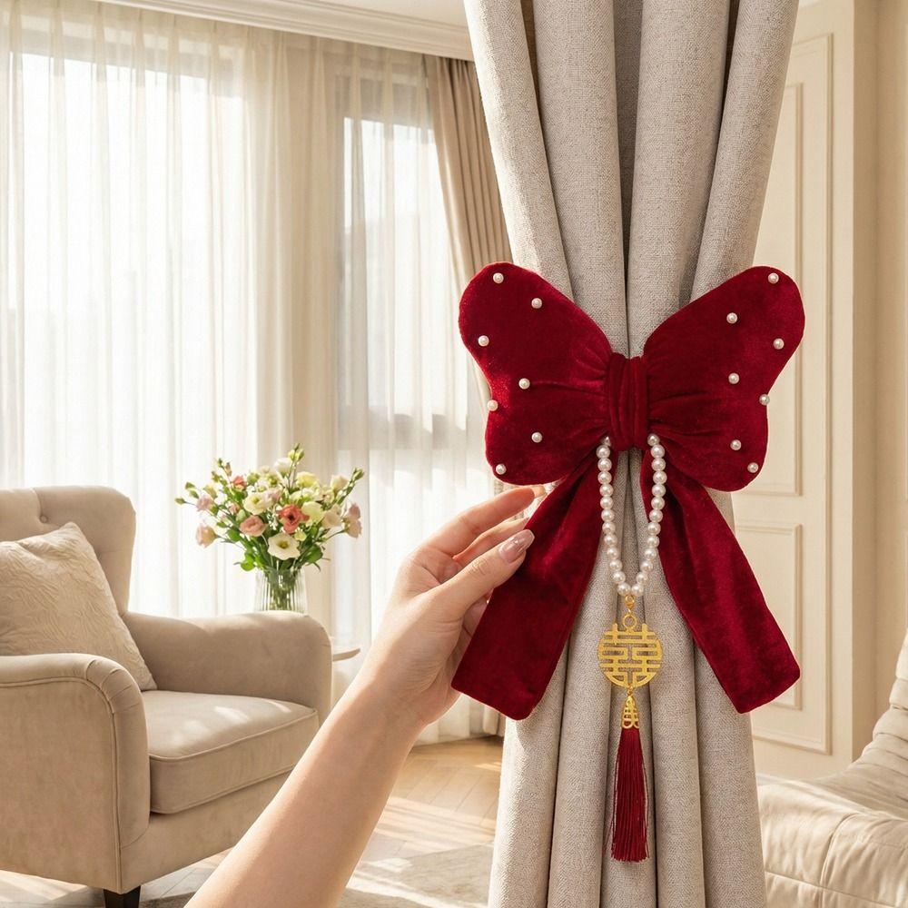 Velvet Bow Curtain Straps Romantic Adjustable Mosquito Net Tie with Tassels Red Curtain Tieback Wedding Celebration