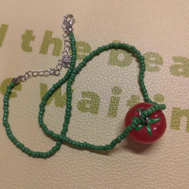 Cute Tomato Collarbone Necklace for Dopamine Sweet Cool Tomato Pendant Choker Multilayer Beaded Necklace Jewelry Gift