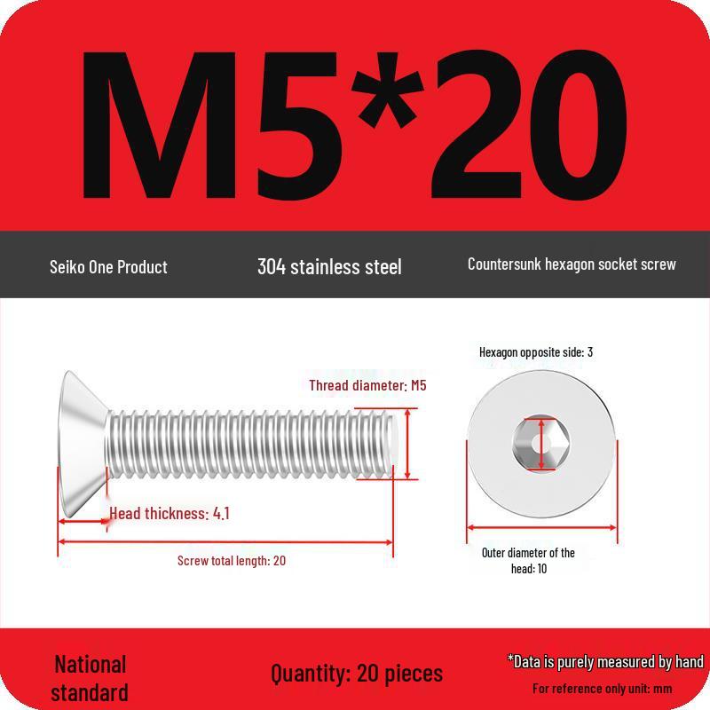 M2-M10 Stainless Steel Flat Head Machine Screws and Bolts Set, Countersunk Hex Socket Cap, 304 Grade.