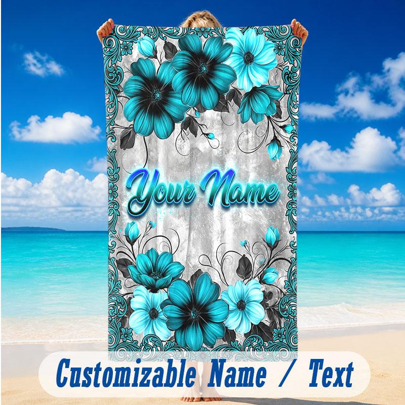 Floral Garden Theme Beach Towel Personalized Custom Name & Text Soft Quick Dry Beach Towel for Swimming Travel