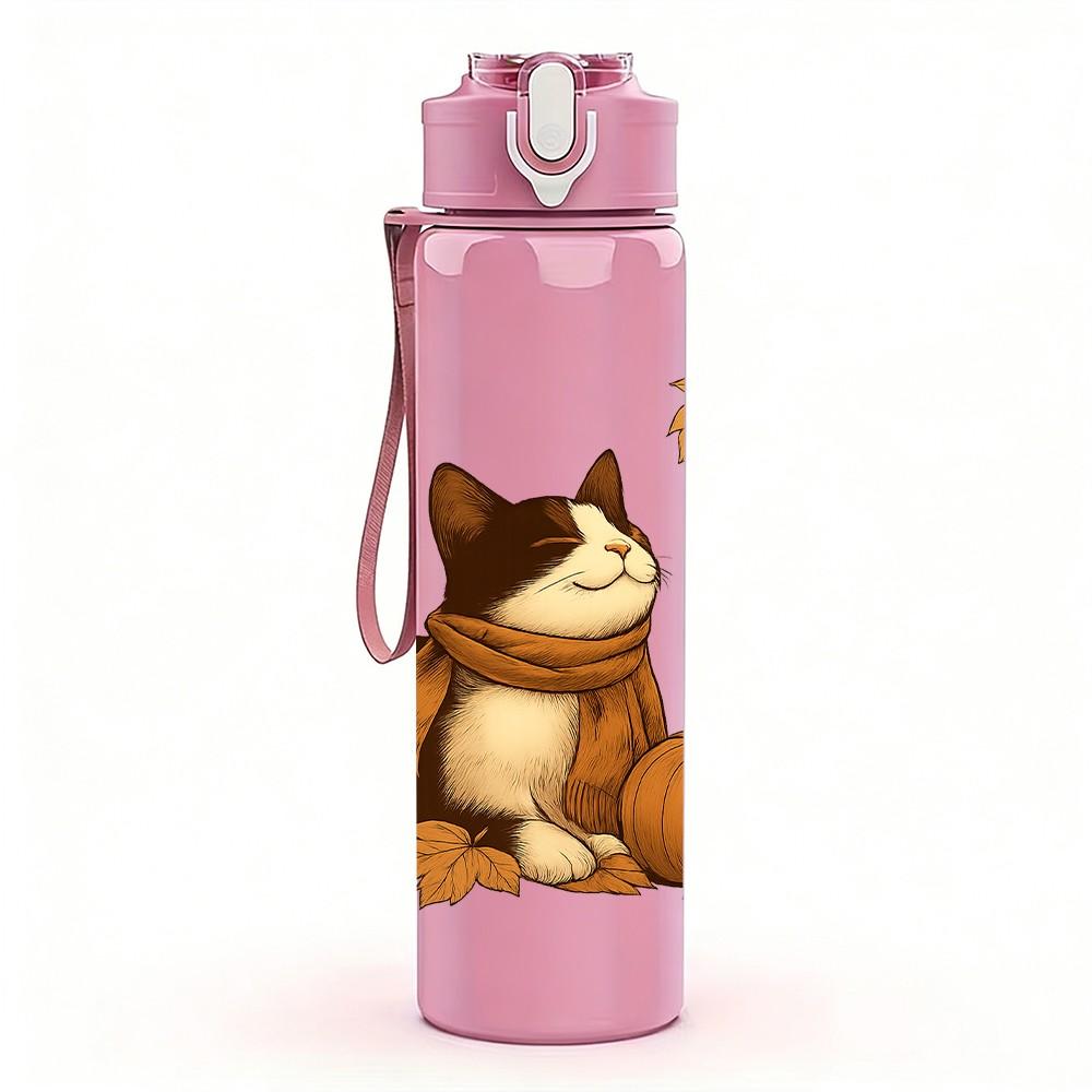1PC Autumn Cat With Pumpkin 750ml Color Plastic Sports Water Bottle Leakproof Flip Straw Lid Suitable for Sports Office Home Use