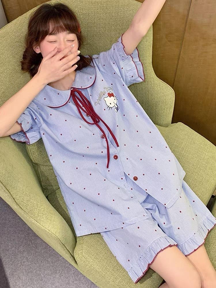 

Bow blue polka dot doll collar pajamas women s summer short-sleeved shorts can go out girl two-piece loungewear S