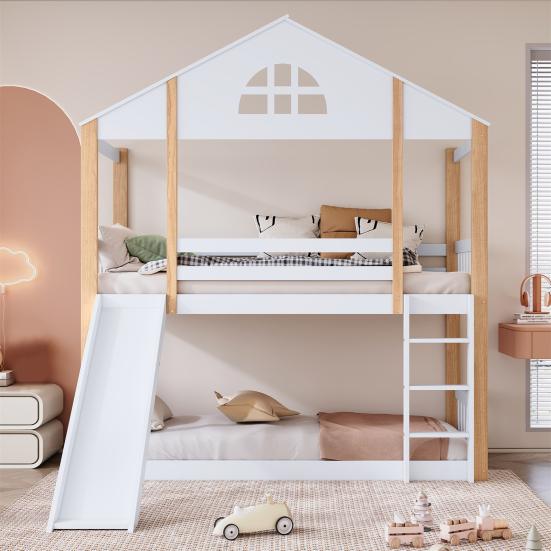Bunk Bed with Fence Anti-fall Device Characteristic Windows Ladder Wood Frame Family Loft Bed Home