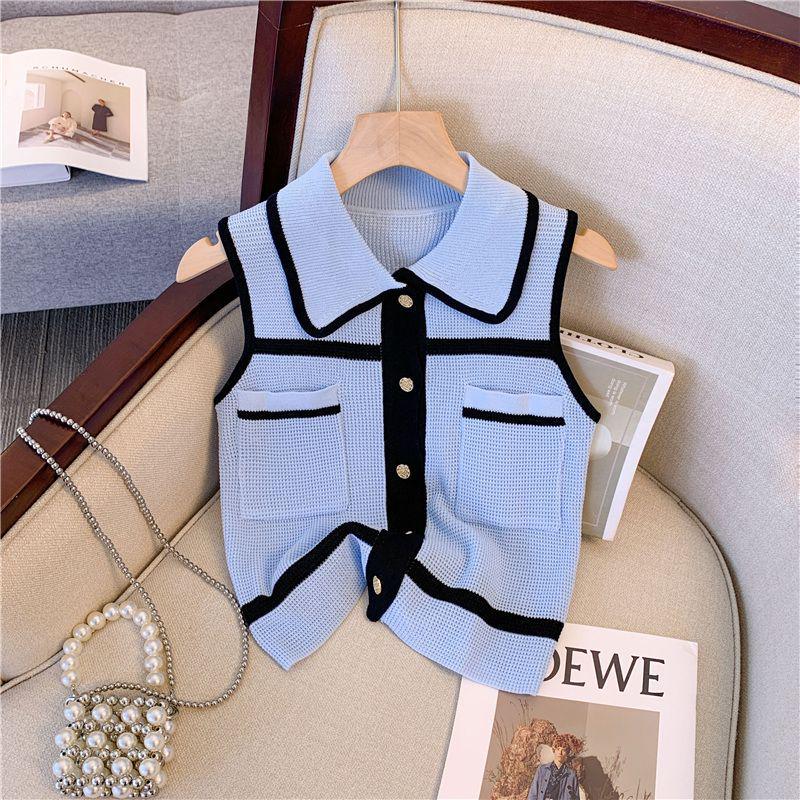 Summer Xiaoxiang Style Sleeveless Knitted Vest - Artful, Contrasting Colors, Celebrity Chic