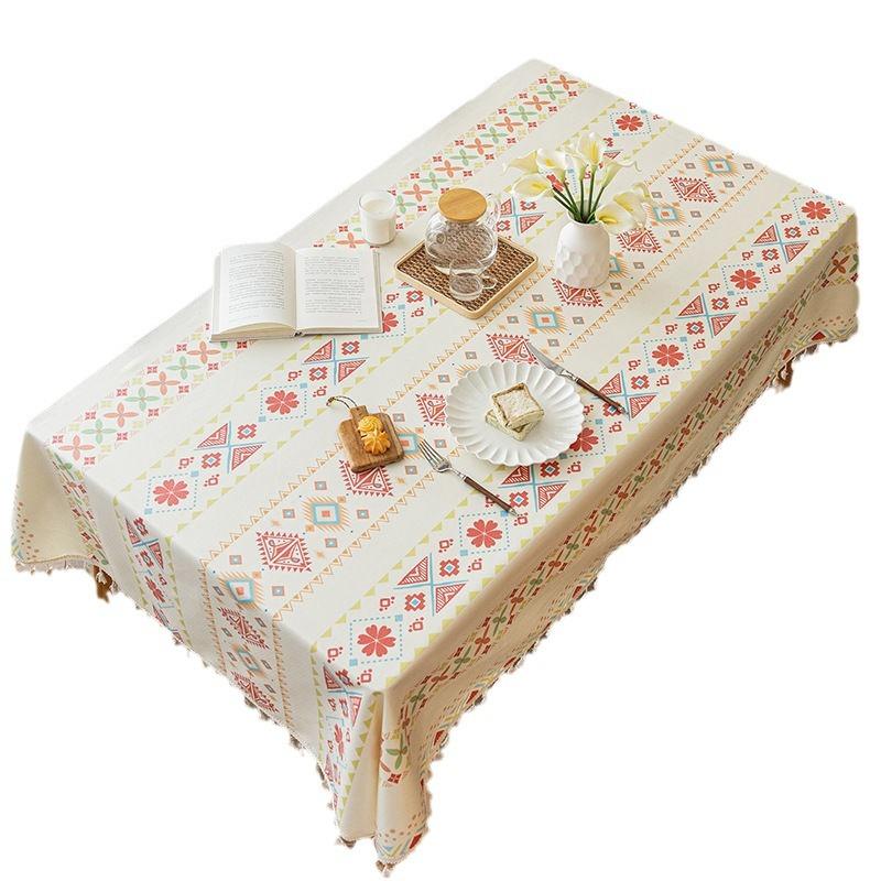 1PC Bohemian Nordic Style Tablecloth Cotton and Linen Leave-in Ethnic Style Rectangular Fringed Camping Tablecloth Waterproof and Oil-proof