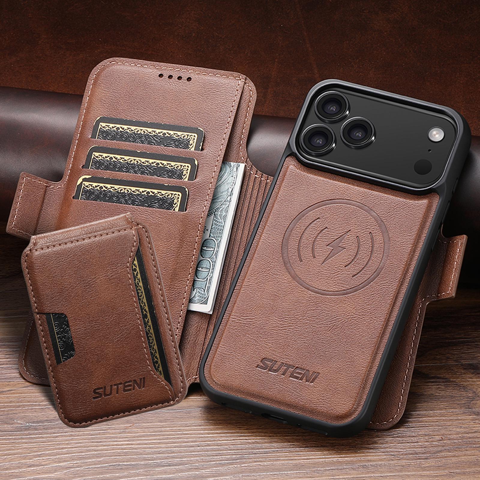 

Кожаный чехол-книжка для iPhone 17 Pro Max с отделением для карт и магнитной беспроводной зарядной подставкой iPhone 14 коричневый