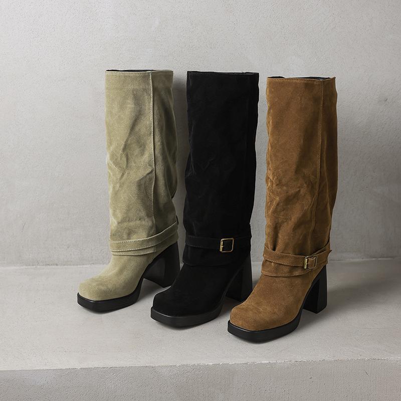 Women's High-heeled Boots Autumn and Winter New Sexy Temperament Thick Heel Square Head Large Size Medium Boots