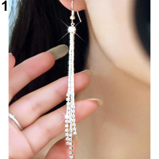 Women Bead Rhinestone Party Wedding Drop Chain Tassels Hook Linear Earrings