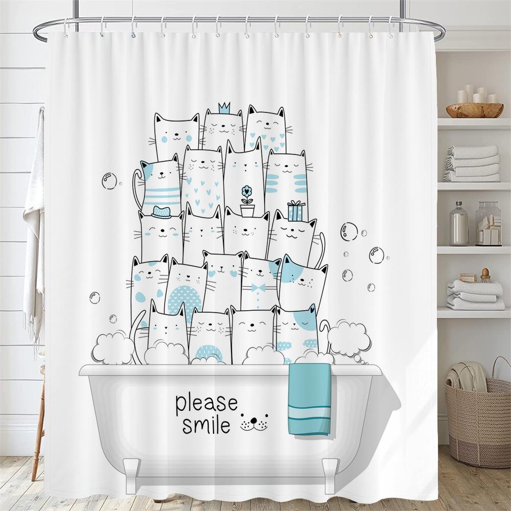 Cartoon Animal Shower Curtain Cute Cat and Dog Bath Curtain with Hooks, Waterproof Shower Curtain, Shower Curtains for Bathroom