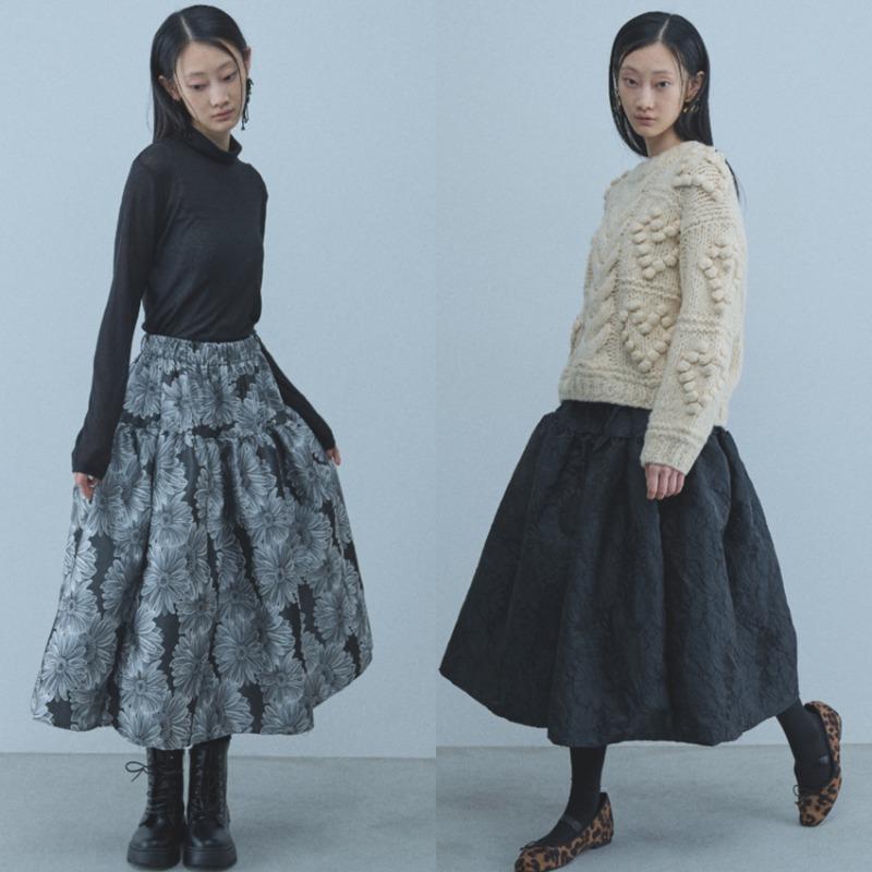Korean Fashion Autumn Winter Women Jacquard Skirt High Waist Floral Ball Gown Skirt Elegant Feminine Chic Midi Skirts Womens