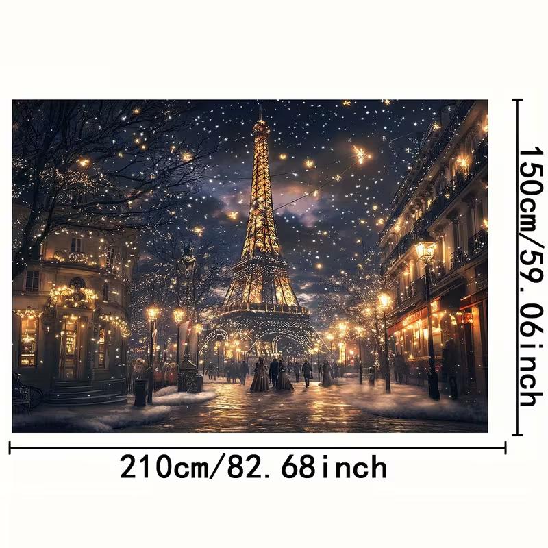 2D Paris Winter Backdrop, Eiffel Tower at Night with Snow and Lights