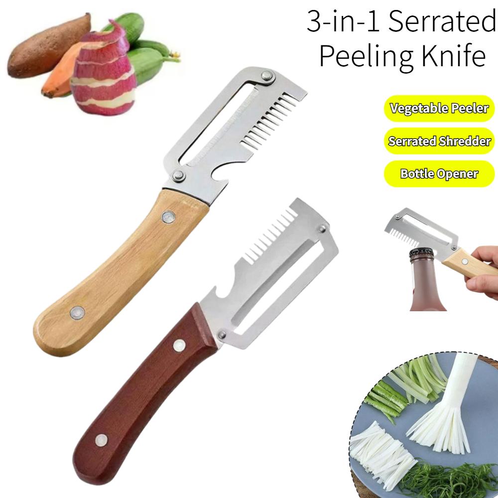 Pelador Dentado de Cocina, Cuchillo Dentado de Acero Inoxidable, Herramienta de Cocina para Pelar, Rallar, Cortar Frutas y Verduras y Abrebotellas