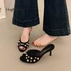 Mode Luxus Goldnieten Pantoletten Damen Schwarz High Heel Hausschuhe Damen Peep Toe Nieten Stiletto Sandalen Abendschuhe