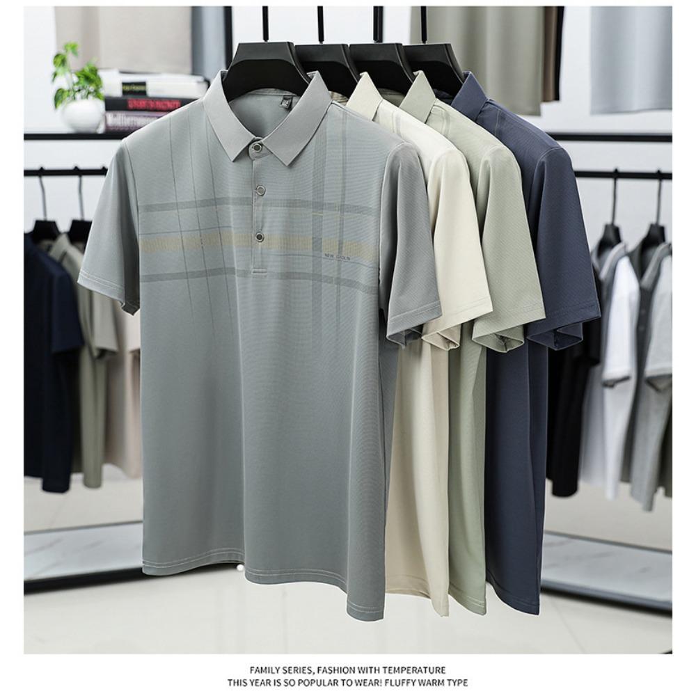 Summer Ice Silk Short Sleeved T-shirt Middle-aged Men's Lapel Top Base Shirt