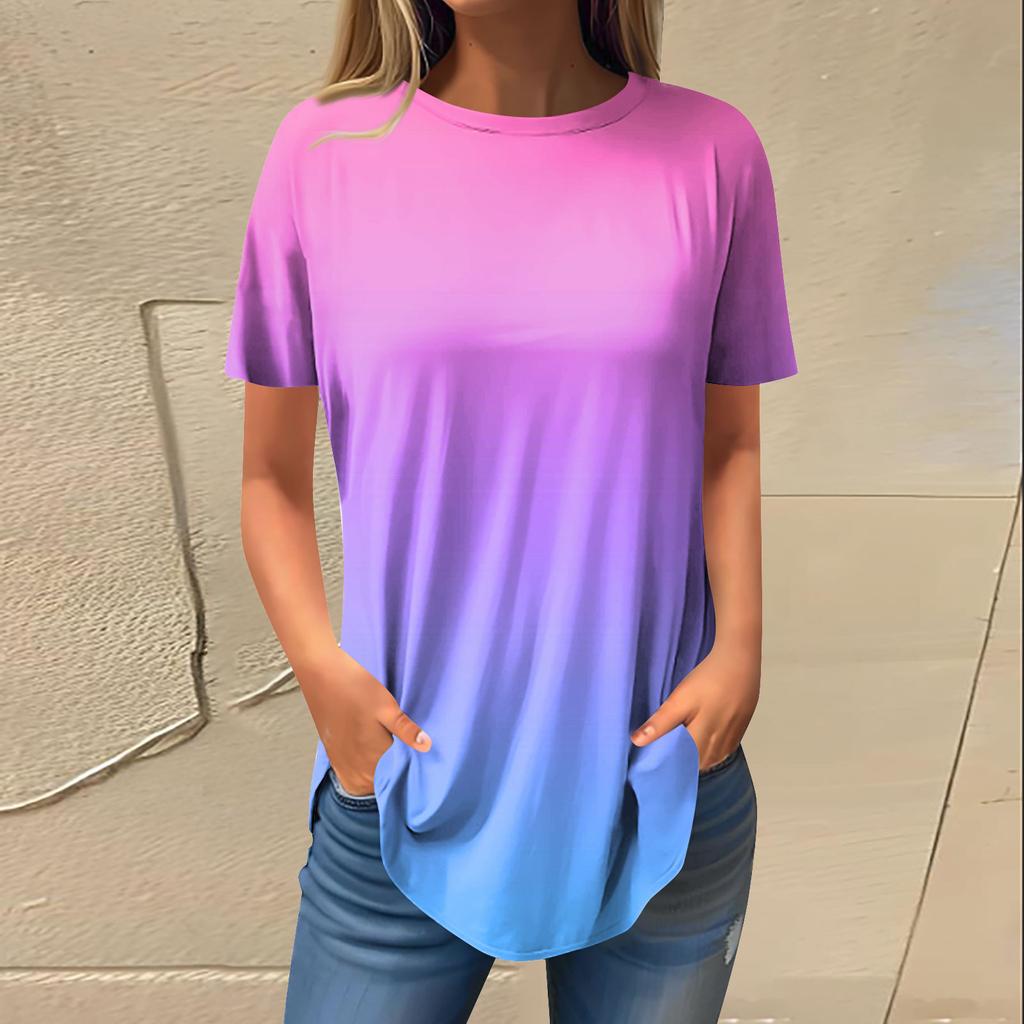 Women's Fashion Casual Round Neck Gradient Printed Short Sleeve Pullover T-Shirt Top
