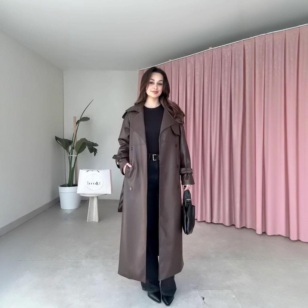 2025 cross-border European and American women's clothing Amazon fashion waist long pu leather coat feeling leather trench coat set