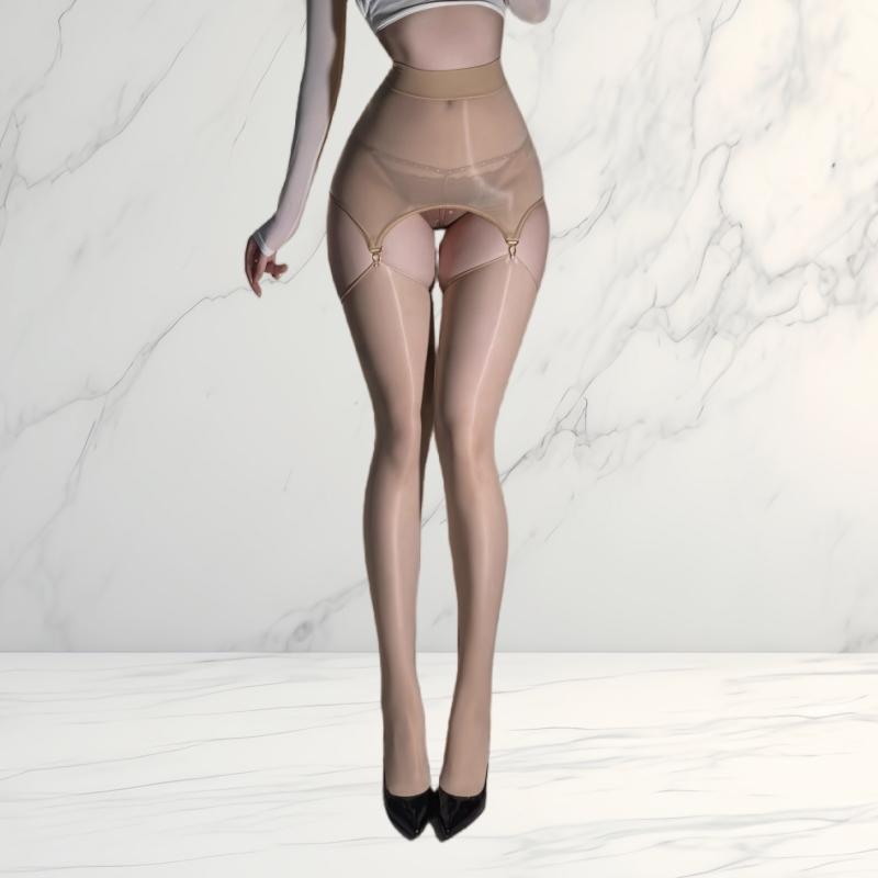 8D Oil Shiny High Waist Buttocks Mini Skirt Slim Garter Belt With Glossy Transparent Thigh High Stockings Sexy Lingerie Set